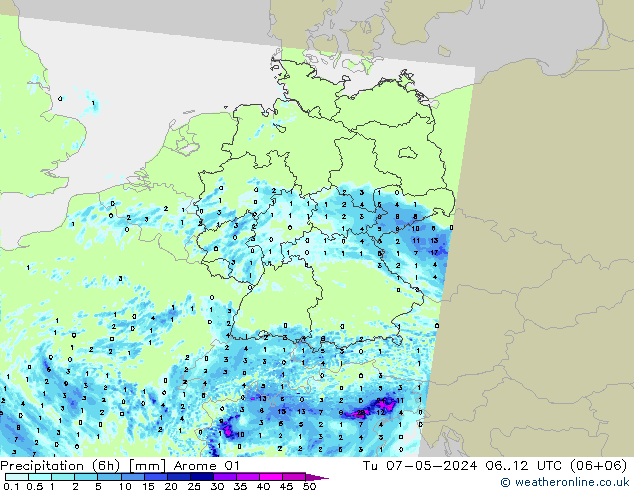 Precipitation (6h) Arome 01 Tu 07.05.2024 12 UTC