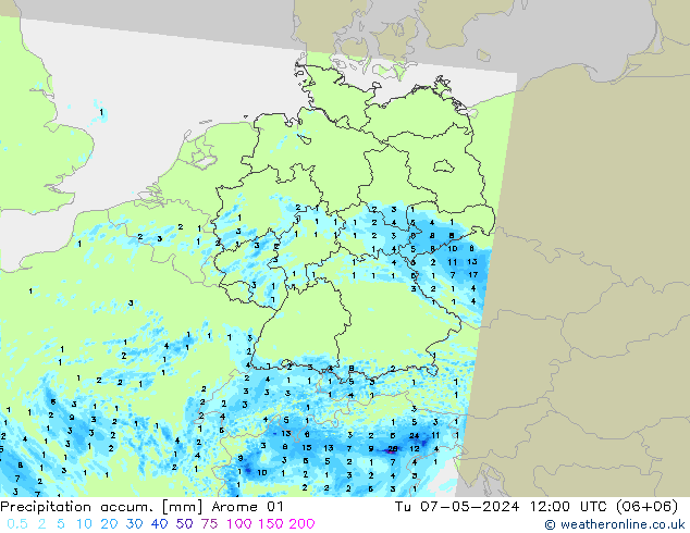 Precipitation accum. Arome 01 星期二 07.05.2024 12 UTC