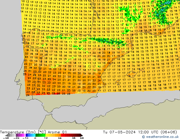 Sıcaklık Haritası (2m) Arome 01 Sa 07.05.2024 12 UTC