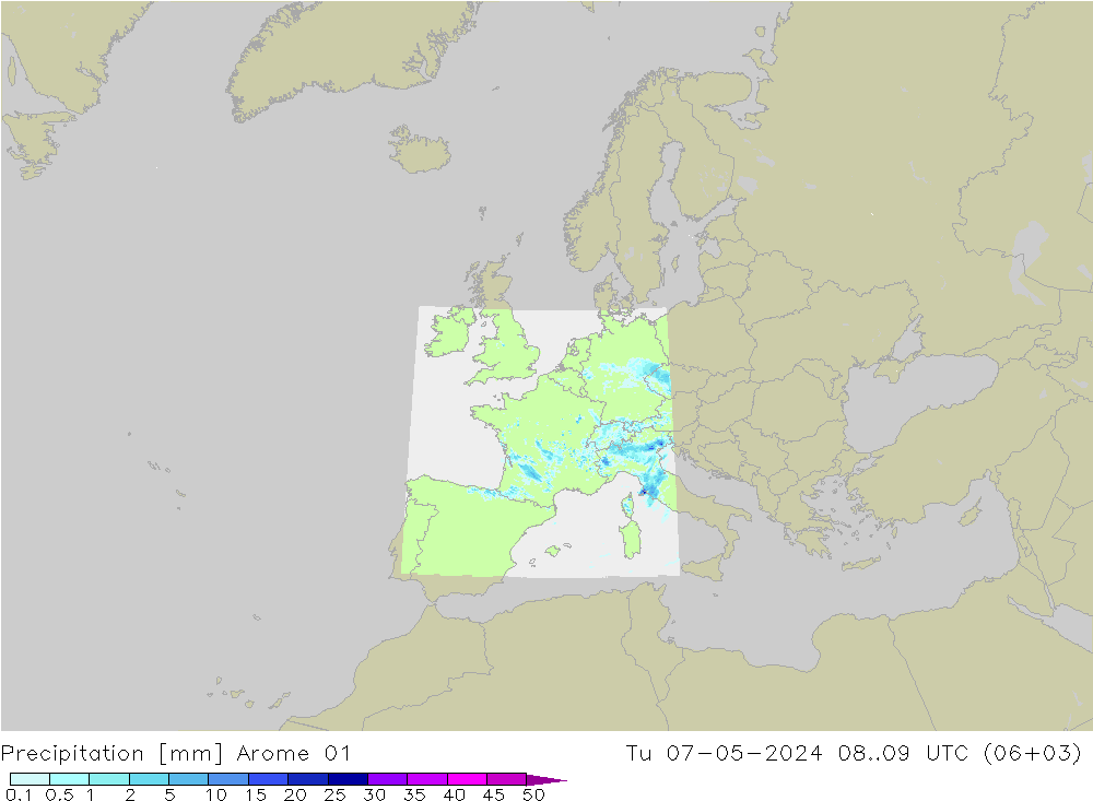 Srážky Arome 01 Út 07.05.2024 09 UTC