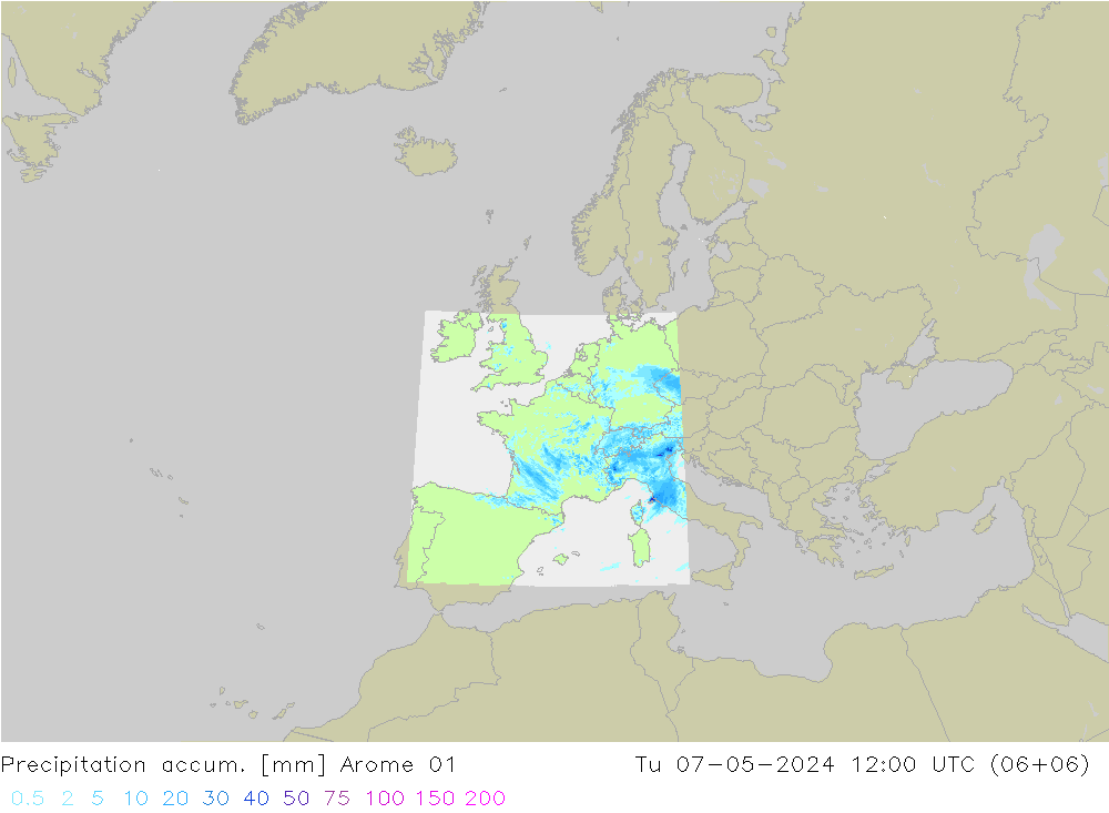 Precipitation accum. Arome 01 Tu 07.05.2024 12 UTC