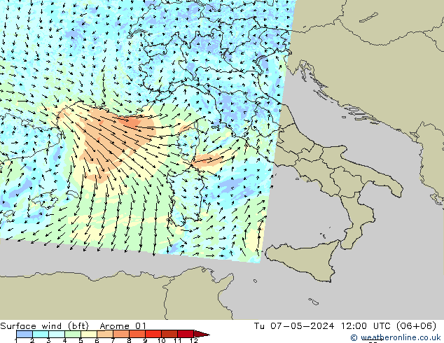 Surface wind (bft) Arome 01 Tu 07.05.2024 12 UTC