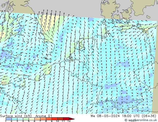 Viento 10 m (bft) Arome 01 mié 08.05.2024 18 UTC