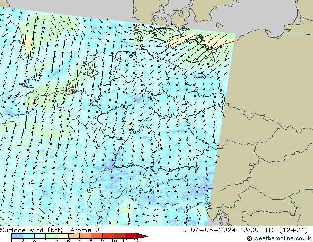 �N 10 米 (bft) Arome 01 星期二 07.05.2024 13 UTC