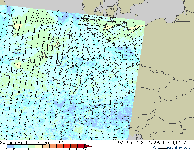 Wind 10 m (bft) Arome 01 di 07.05.2024 15 UTC
