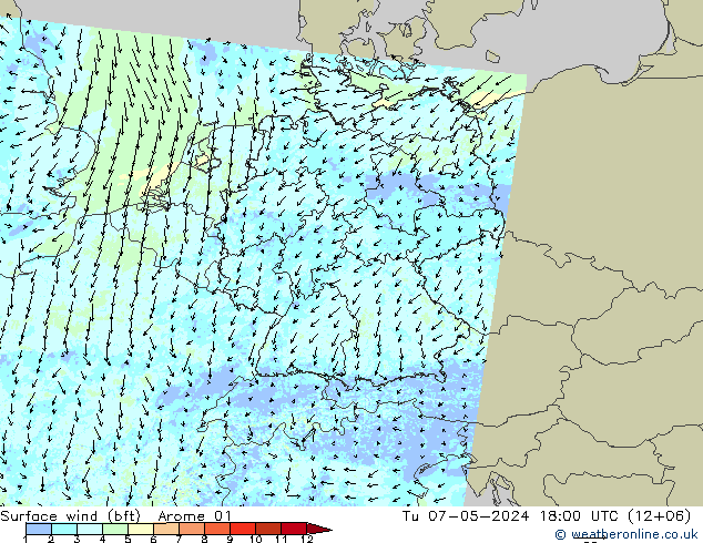 Surface wind (bft) Arome 01 Út 07.05.2024 18 UTC