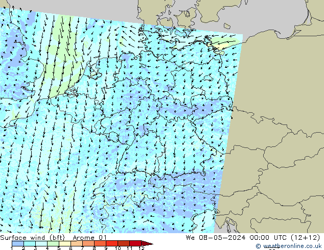 Wind 10 m (bft) Arome 01 wo 08.05.2024 00 UTC