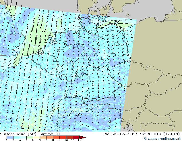 Surface wind (bft) Arome 01 We 08.05.2024 06 UTC