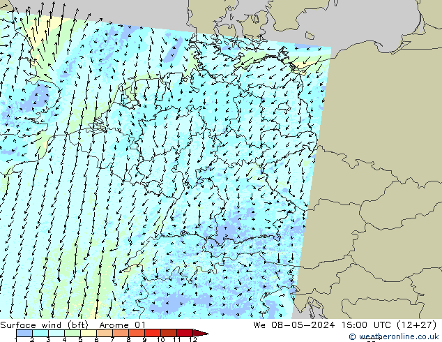 wiatr 10 m (bft) Arome 01 śro. 08.05.2024 15 UTC