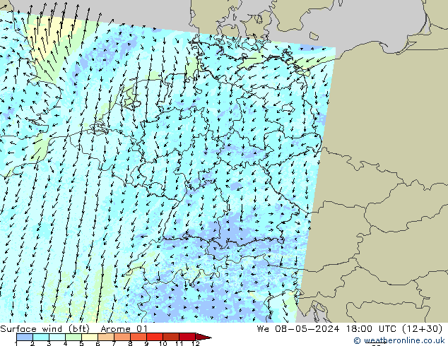 wiatr 10 m (bft) Arome 01 śro. 08.05.2024 18 UTC
