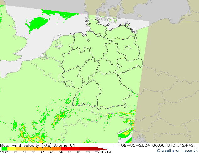 Max. wind velocity Arome 01 Th 09.05.2024 06 UTC