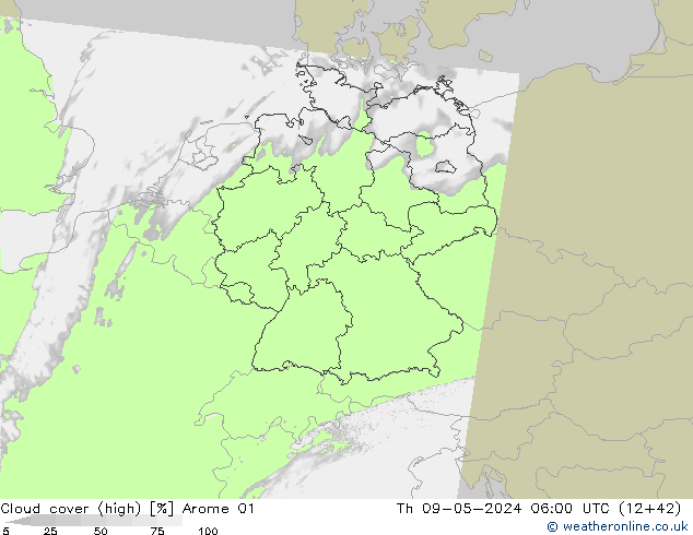 Bewolking (Hoog) Arome 01 do 09.05.2024 06 UTC