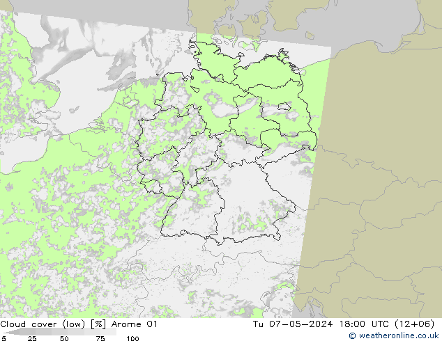 Cloud cover (low) Arome 01 Tu 07.05.2024 18 UTC