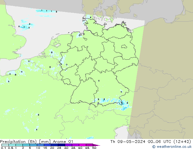 Totale neerslag (6h) Arome 01 do 09.05.2024 06 UTC