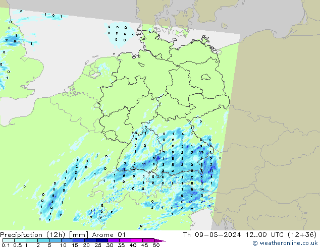 Precipitation (12h) Arome 01 Čt 09.05.2024 00 UTC