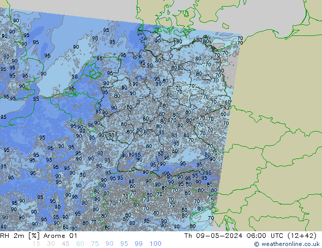 RH 2m Arome 01 czw. 09.05.2024 06 UTC