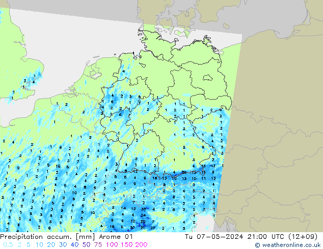 Precipitation accum. Arome 01 Tu 07.05.2024 21 UTC