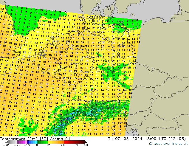 Temperatura (2m) Arome 01 mar 07.05.2024 18 UTC