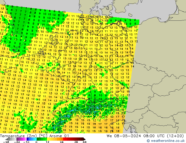 Temperature (2m) Arome 01 We 08.05.2024 08 UTC