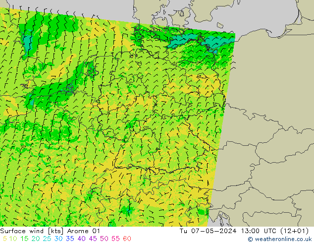 风 10 米 Arome 01 星期二 07.05.2024 13 UTC