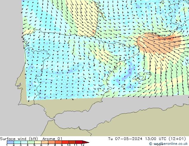 Surface wind (bft) Arome 01 Tu 07.05.2024 13 UTC