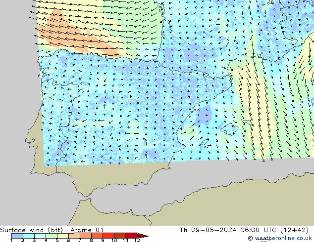 Surface wind (bft) Arome 01 Čt 09.05.2024 06 UTC