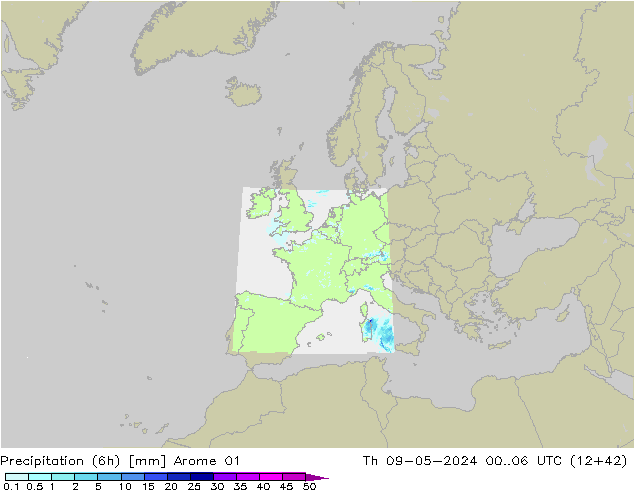 Precipitation (6h) Arome 01 Čt 09.05.2024 06 UTC