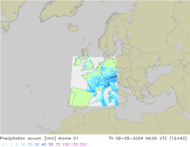 Precipitation accum. Arome 01  09.05.2024 06 UTC