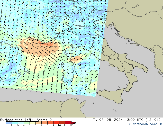 Vento 10 m (bft) Arome 01 mar 07.05.2024 13 UTC