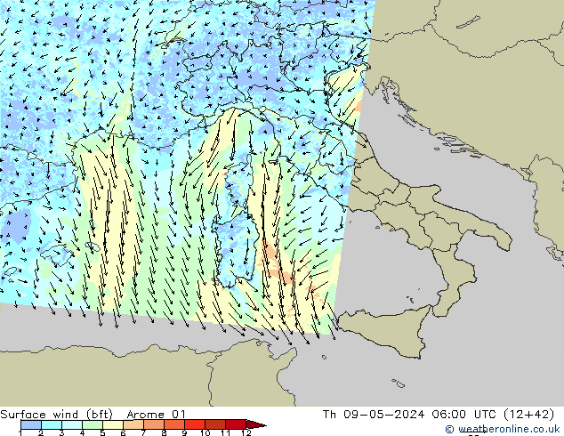 Surface wind (bft) Arome 01 Th 09.05.2024 06 UTC