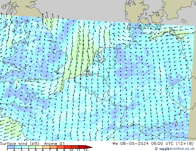 Wind 10 m (bft) Arome 01 wo 08.05.2024 06 UTC