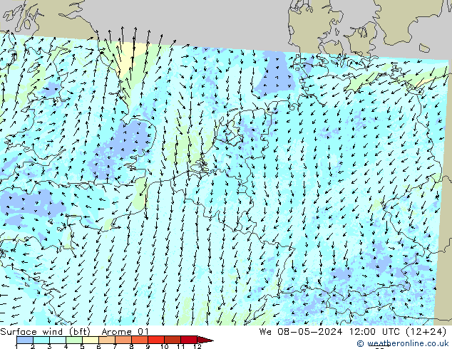 Surface wind (bft) Arome 01 St 08.05.2024 12 UTC