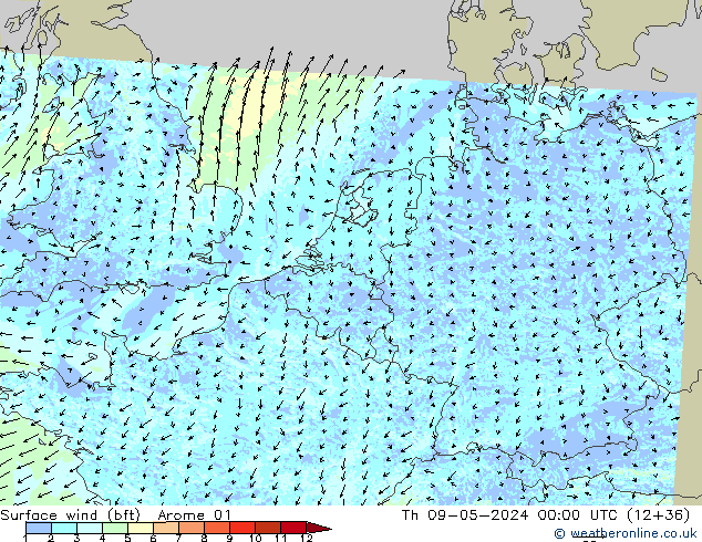 Bodenwind (bft) Arome 01 Do 09.05.2024 00 UTC