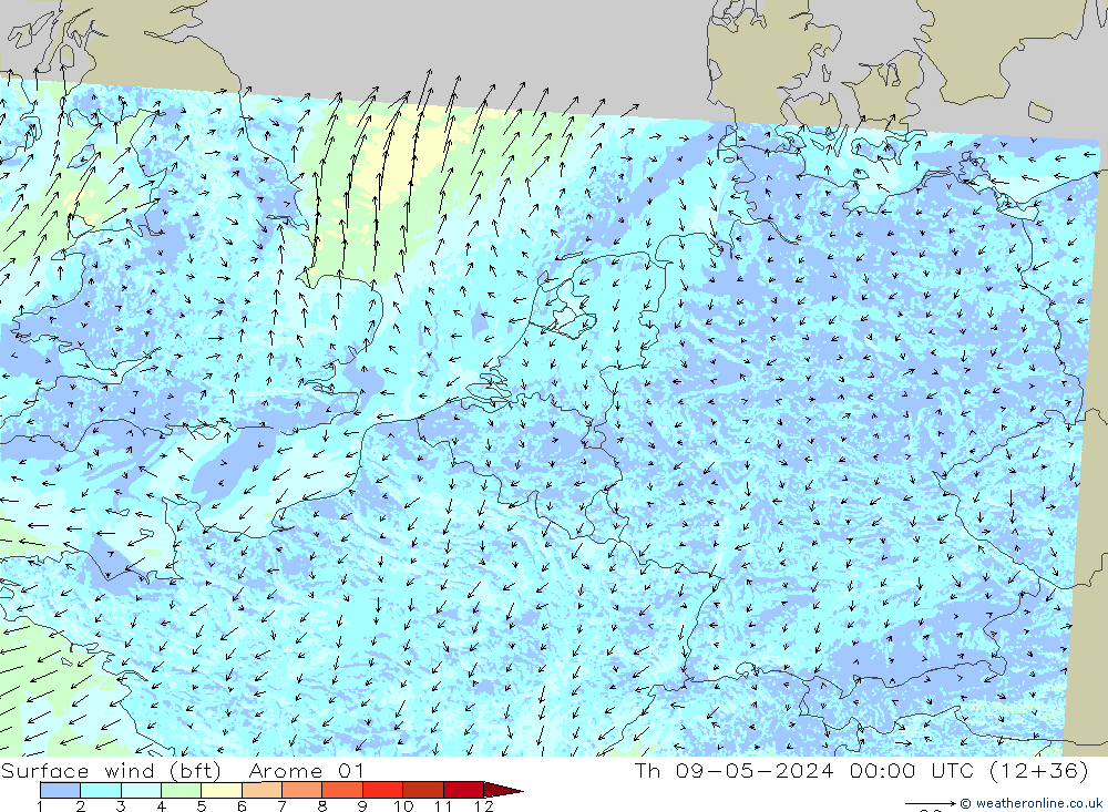 Wind 10 m (bft) Arome 01 do 09.05.2024 00 UTC