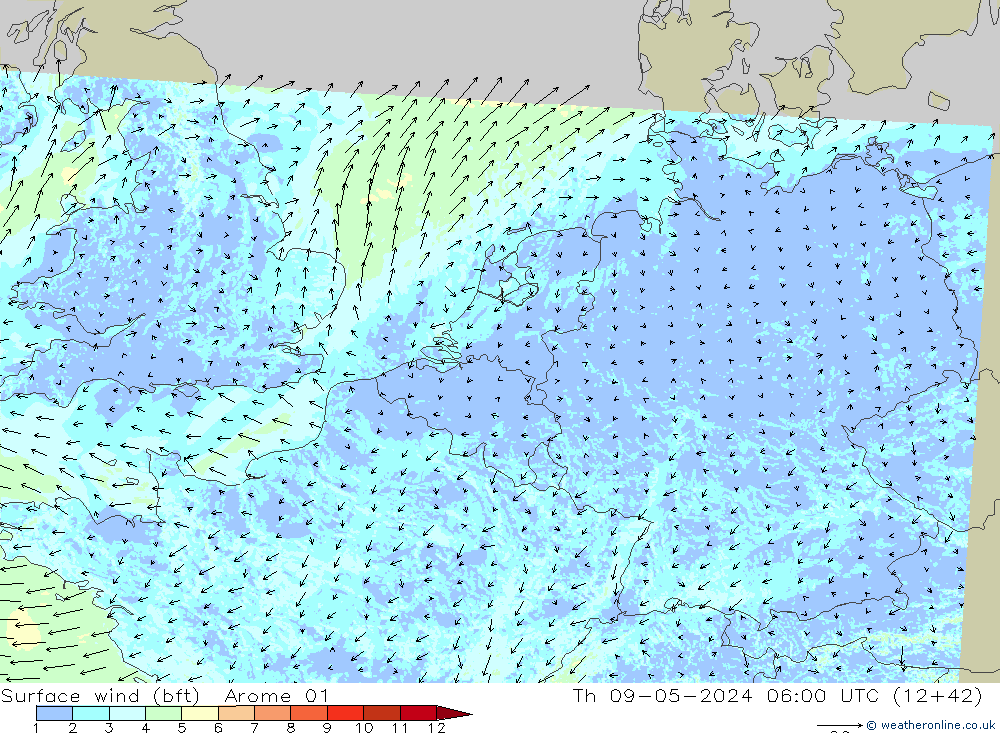 Vento 10 m (bft) Arome 01 gio 09.05.2024 06 UTC