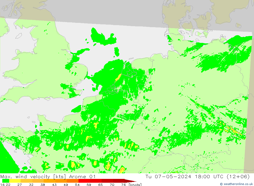 Max. wind velocity Arome 01 Tu 07.05.2024 18 UTC