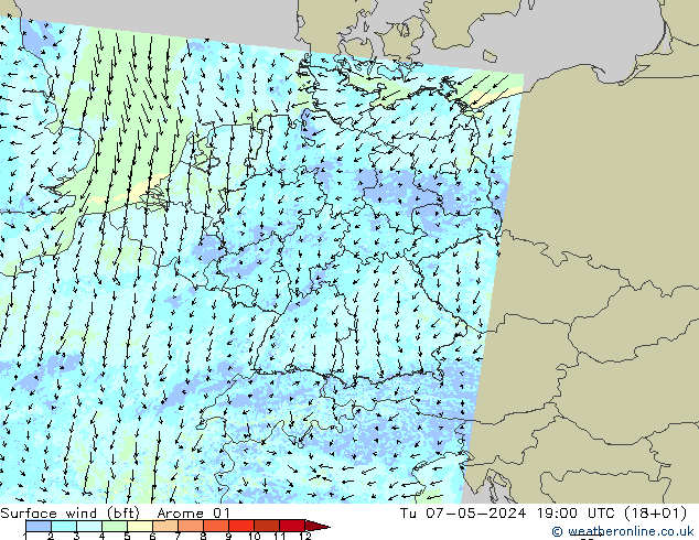 Surface wind (bft) Arome 01 Tu 07.05.2024 19 UTC