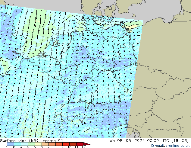 Surface wind (bft) Arome 01 We 08.05.2024 00 UTC