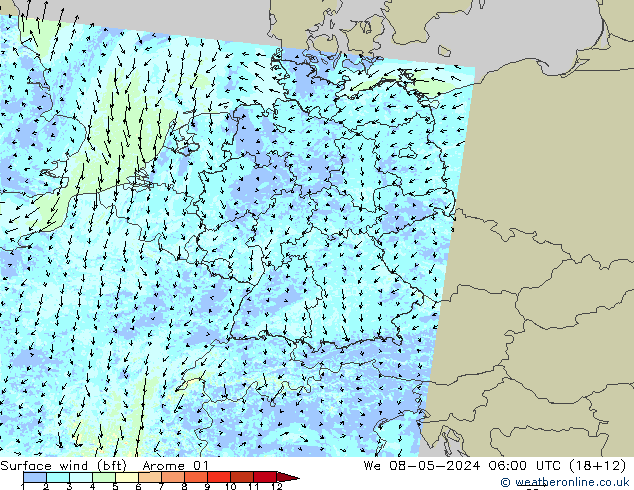 Surface wind (bft) Arome 01 We 08.05.2024 06 UTC