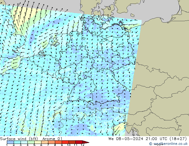 Bodenwind (bft) Arome 01 Mi 08.05.2024 21 UTC