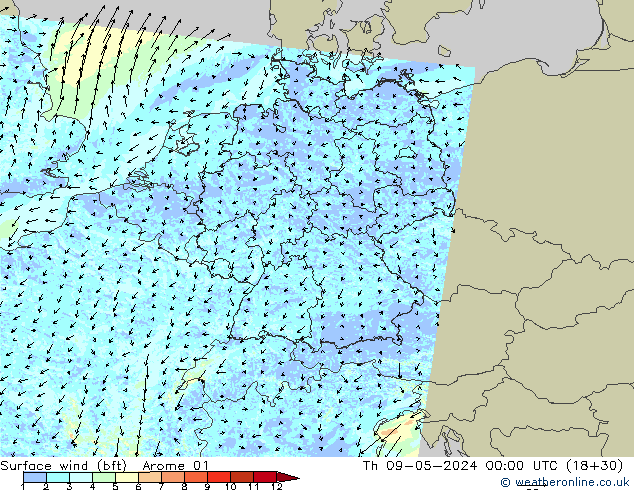 wiatr 10 m (bft) Arome 01 czw. 09.05.2024 00 UTC
