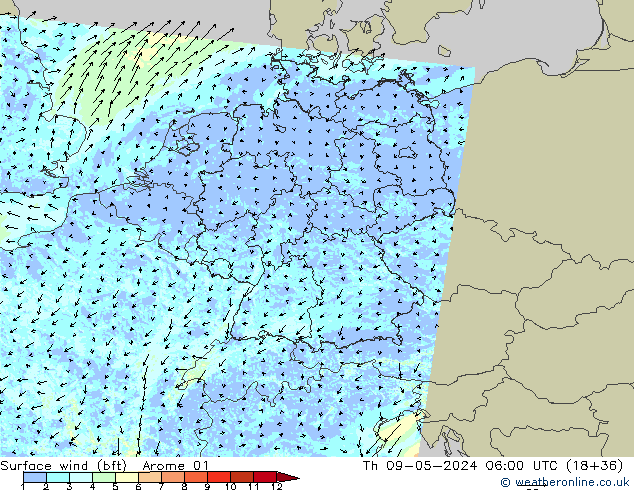 Rüzgar 10 m (bft) Arome 01 Per 09.05.2024 06 UTC