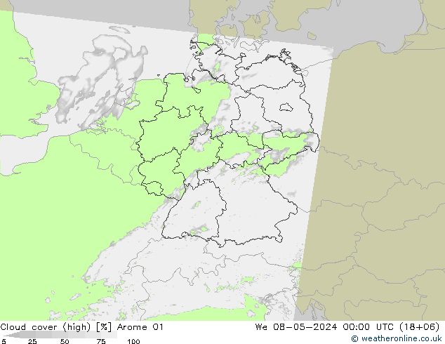 zachmurzenie (wysokie) Arome 01 śro. 08.05.2024 00 UTC