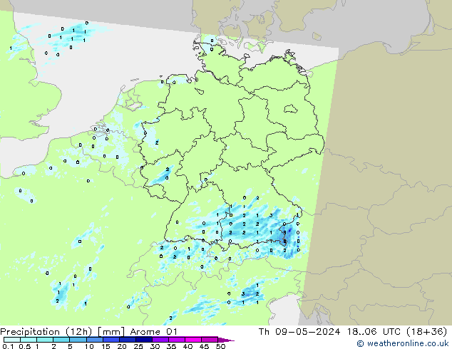 Precipitation (12h) Arome 01 Čt 09.05.2024 06 UTC