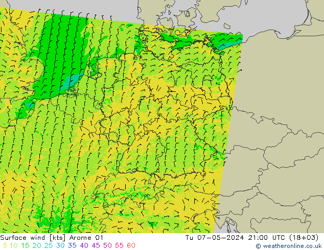 Surface wind Arome 01 Út 07.05.2024 21 UTC