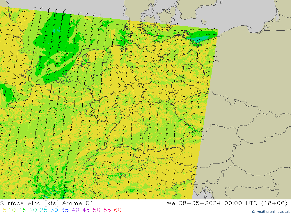 Surface wind Arome 01 We 08.05.2024 00 UTC