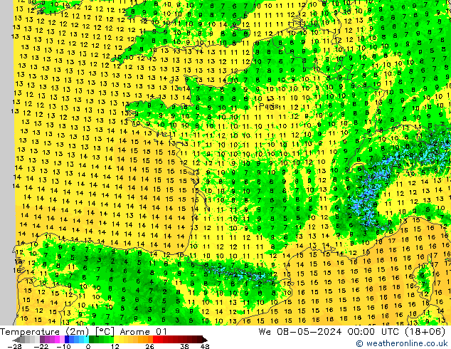 Temperatuurkaart (2m) Arome 01 wo 08.05.2024 00 UTC