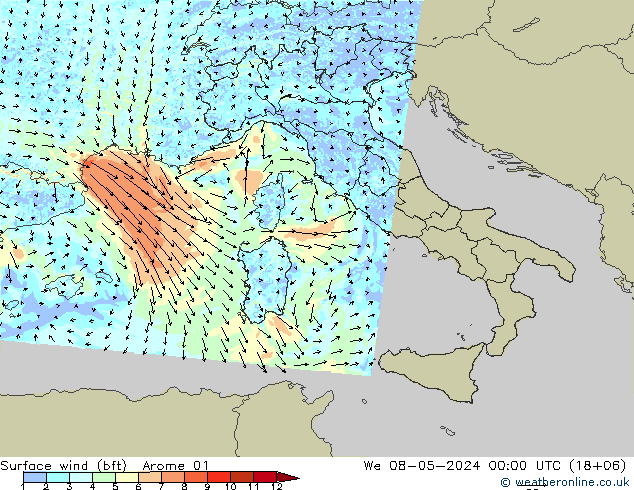Surface wind (bft) Arome 01 St 08.05.2024 00 UTC