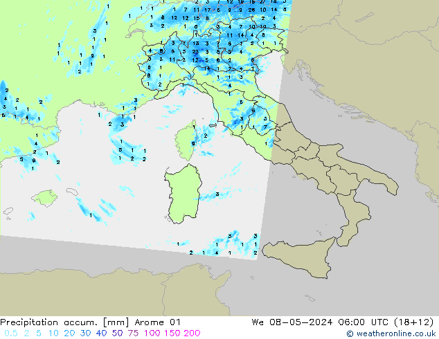 Precipitation accum. Arome 01  08.05.2024 06 UTC