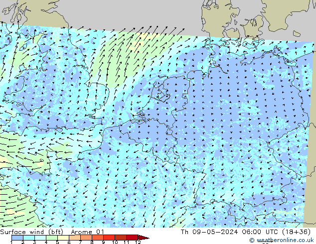 Surface wind (bft) Arome 01 Th 09.05.2024 06 UTC